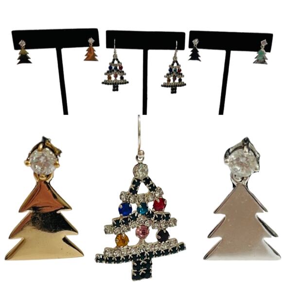 Christmas Tree Earrings Silver Gold Crystals Bundle Lot 3 Pairs Festive Holiday - Picture 1 of 11